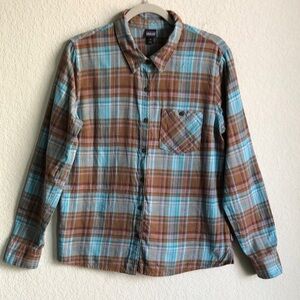 Patagonia Womens Heywood Flannel Shirt Cascade Plaid Bear Brown 10